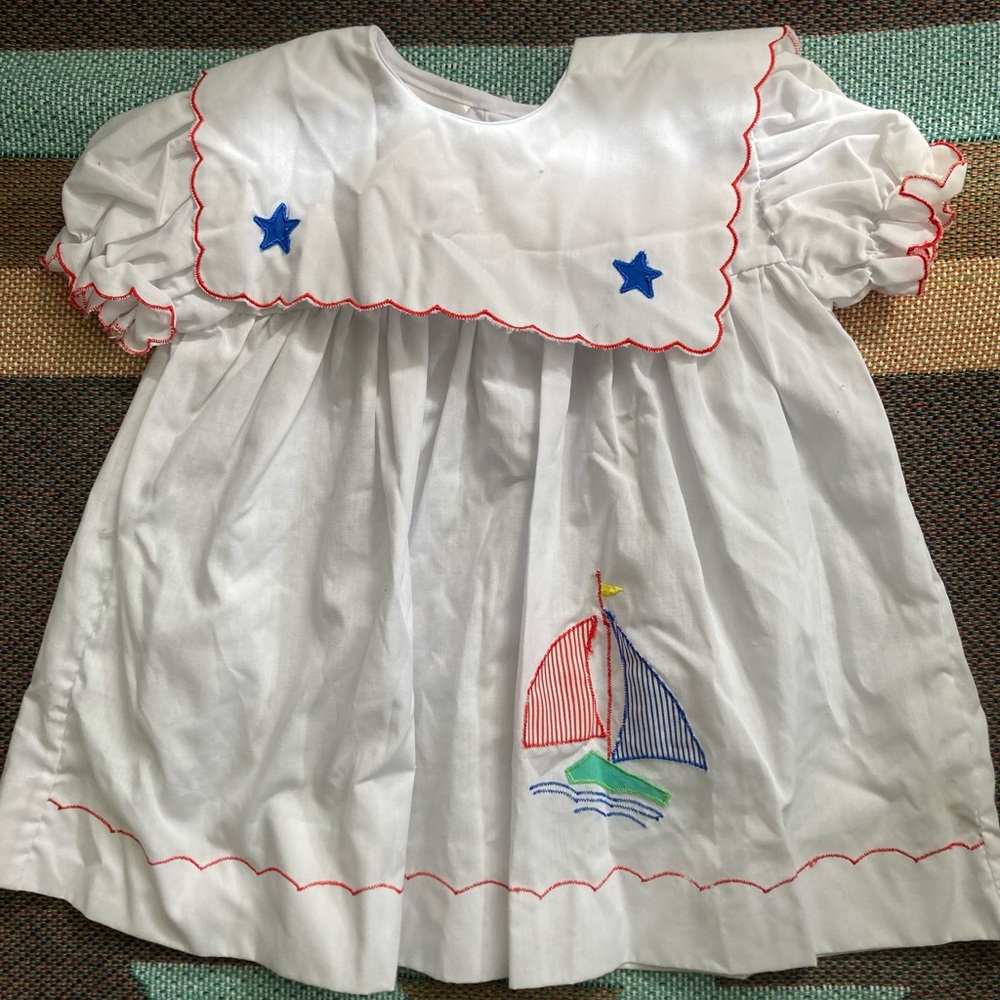 White Sailboat Sailor Vintage Baby Embroidered Dress